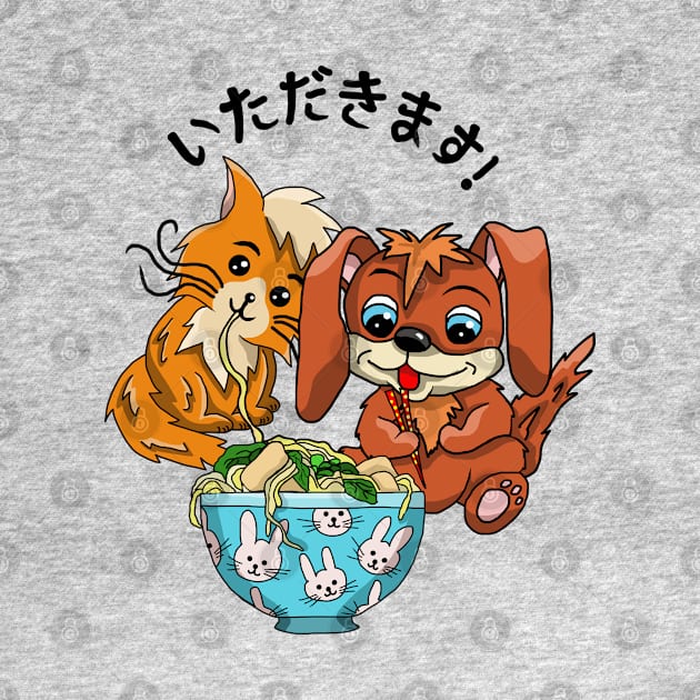 Cute cat and dog eating ramen noodles by cuisinecat